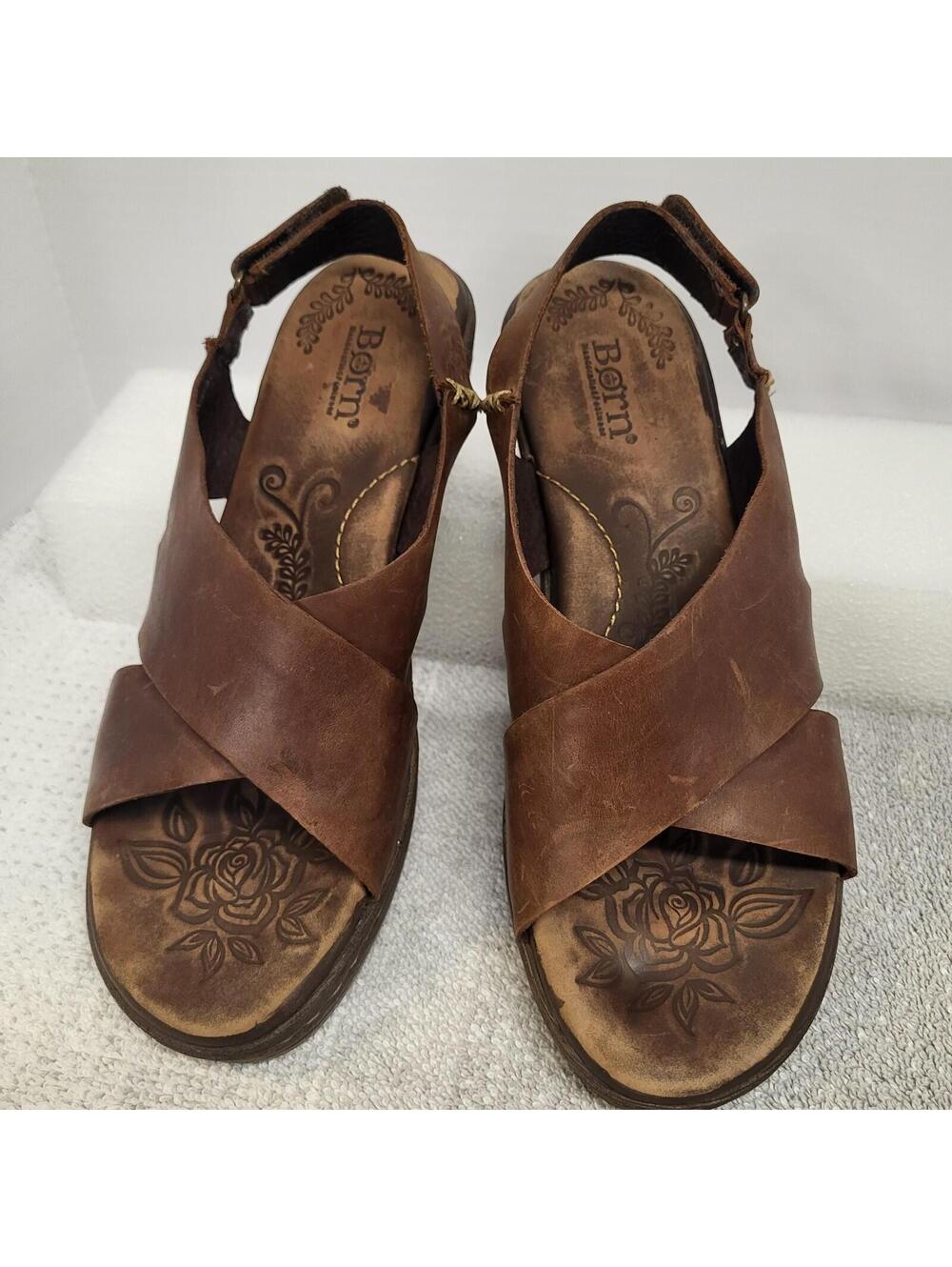 Born Emmy women's distressed leather wedge sandals  brown crisscross strap 9wide